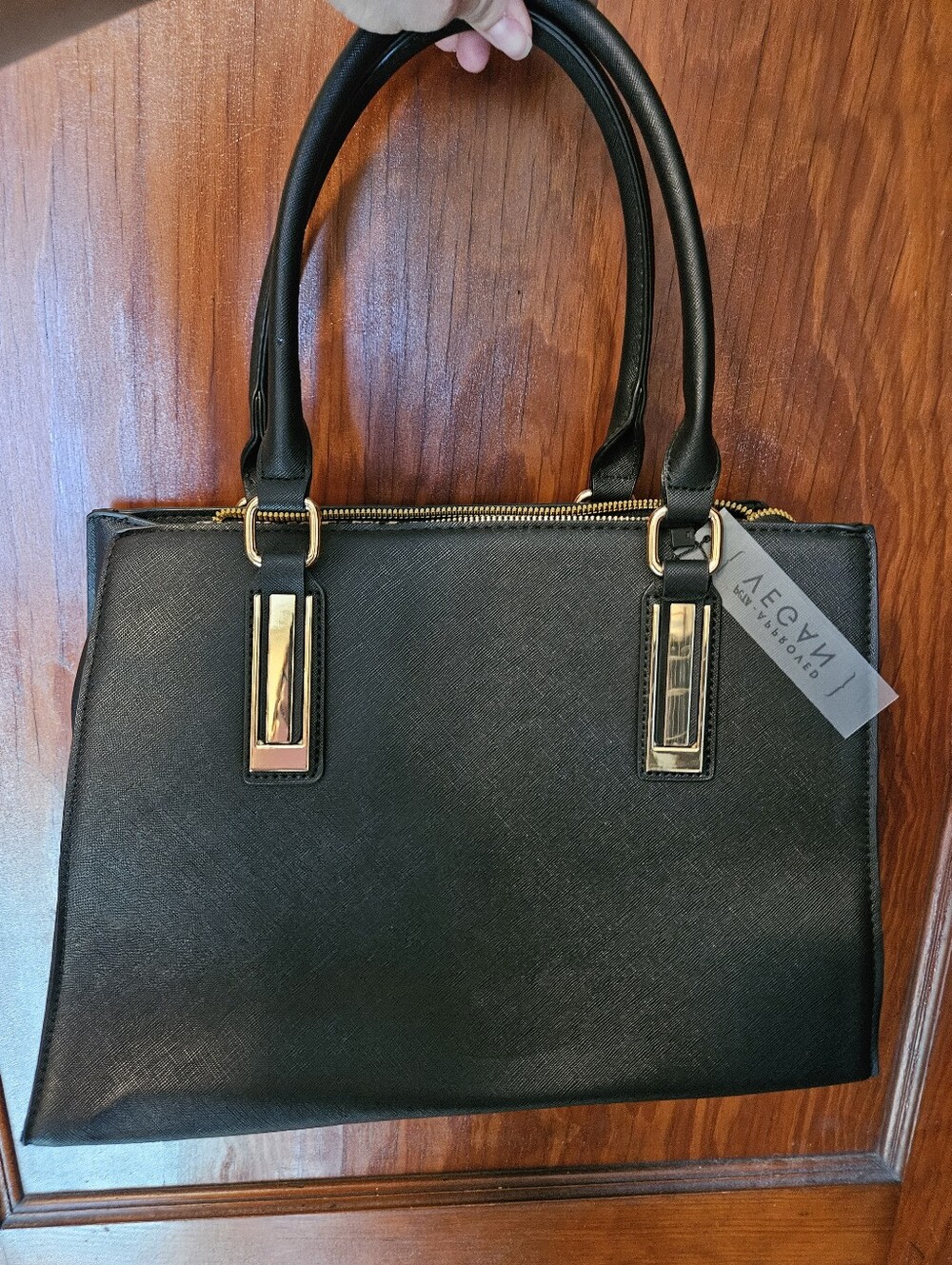 Black Structured Tote Handbag with Gold Hardware